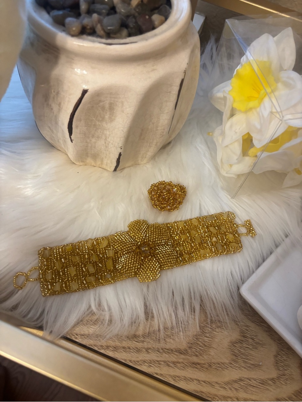 Gold Beaded Floral Bracelet and Ring Set